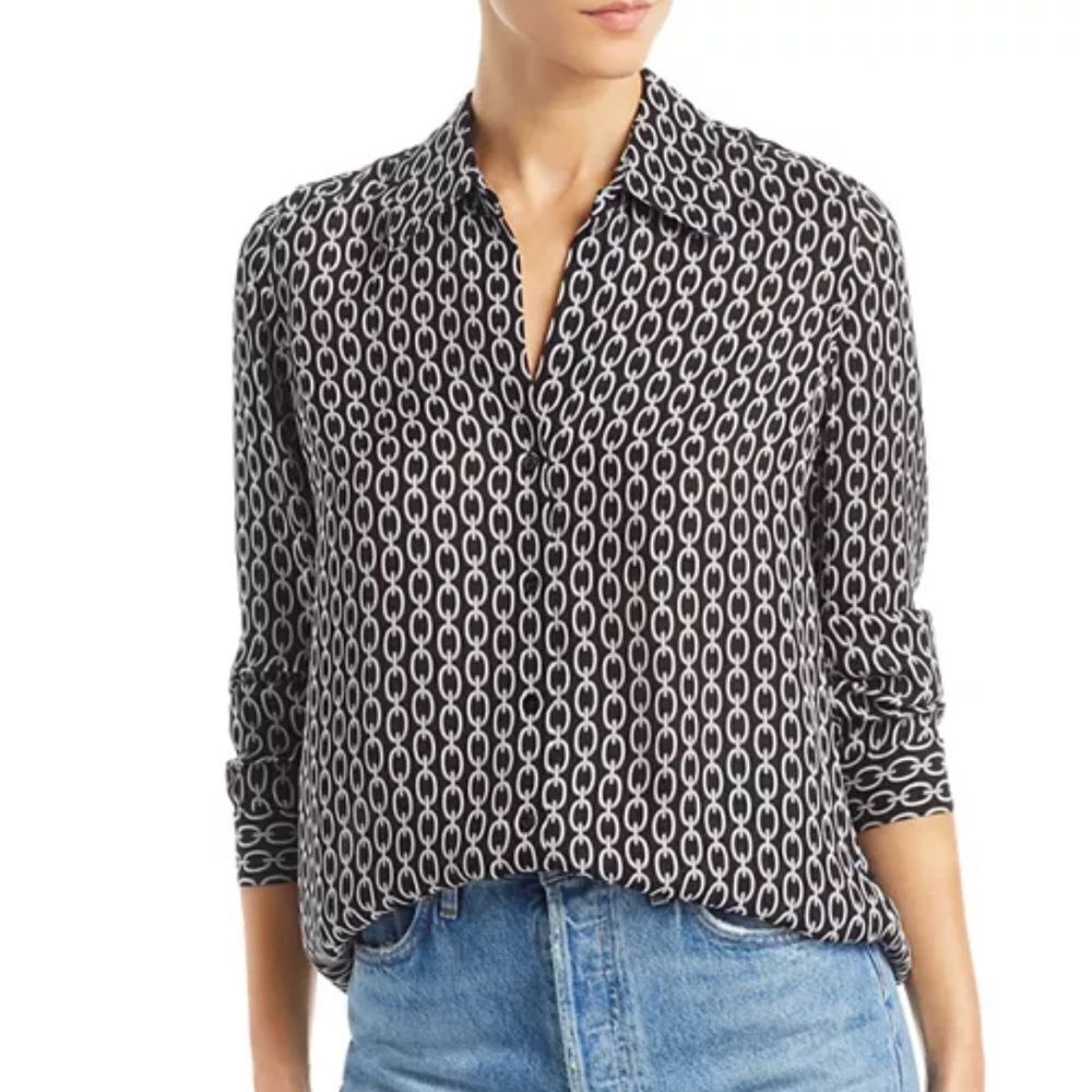 L'AGENCE Nina Black & White Chain Print Silk Blouse XS NWT $390.00